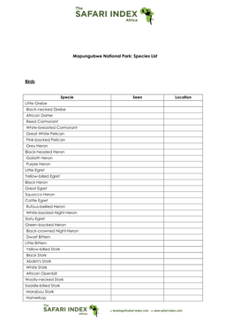 Mapungubwe National Park: Species List Birds