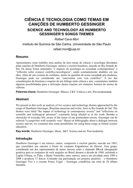 Ciência E Tecnologia Como Temas Em Canções De Humberto Gessinger