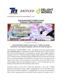 Fate/Grand Order’S English Version Celebrates 7 Million Downloads