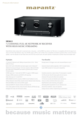 Sr5012 7.2 Channel Full 4K Network Av Receiver with Heos Music Streaming
