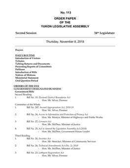 Order Paper of the Yukon Legislative Assembly