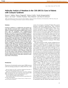 Molecular Analysis of Mutations in the CSB (ERCC6) Gene in Patients with Cockayne Syndrome Donna L