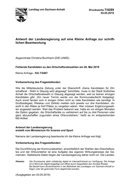 Antwort Der Landesregierung Auf Eine Kleine Anfrage Zur Schrift- Lichen Beantwortung