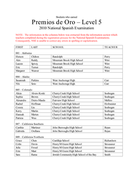 Premios De Oro – Level 5 2010 National Spanish Examination
