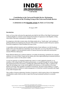 Contribution to the Universal Periodic Review Mechanism Seventh Session of the Working Group of the Universal Periodic Review