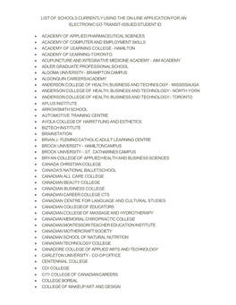 List of Schools Currently Using the On-Line Application for an Electronic Go Transit-Issued Student Id