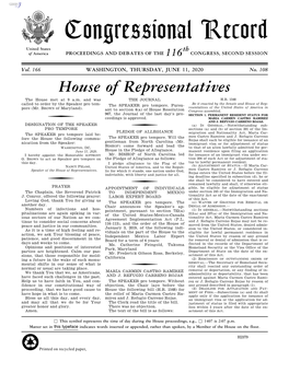 Congressional Record United States Th of America PROCEEDINGS and DEBATES of the 116 CONGRESS, SECOND SESSION