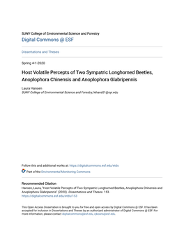 Host Volatile Percepts of Two Sympatric Longhorned Beetles, Anoplophora Chinensis and Anoplophora Glabripennis