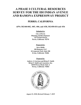 A Phase I Cultural Resources Survey for the Idi Indian Avenue and Ramona Expressway Project