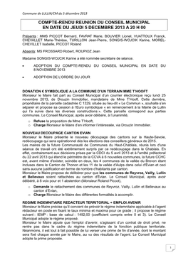 Compte-Rendu Reunion Du Conseil Municipal En Date Du Jeudi 5 Decembre 2013 a 20 H 00