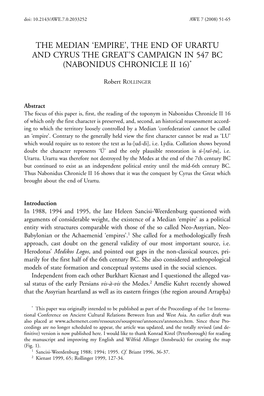 The Median 'Empire', the End of Urartu and Cyrus the Great's Campaign in 547 Bc (Nabonidus Chronicle Ii 16)*