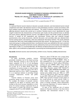 WILDLIFE-BASED DOMESTIC TOURISM in TANZANIA: EXPERIENCES from NORTHERN TOURIST CIRCUIT *Mariki, S