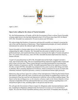 1 April 3, 2019 Open Letter Calling for the Release of Nasrin Sotoudeh: We, the Parliamentarians of Canada, Call for the Governm