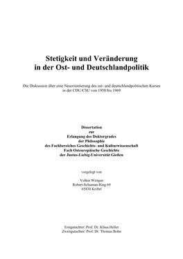 Und Deutschlandpolitik in Der CDU/CSU-Bundestagsfraktion Von