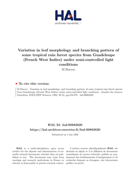 Variation in Leaf Morphology and Branching Pattern of Some Tropical Rain Forest Species from Guadeloupe