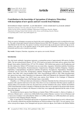 Contribution to the Knowledge of Agrypninae (Coleoptera: Elateridae) with Description of New Species and New Records from Pakistan