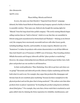 Alex Abramowitz April 8, 2019 Places Selling: Shinola and Detroit in 2011, the Same Year That Chrysler's