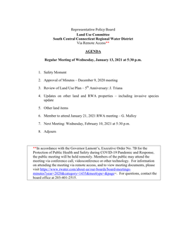 Representative Policy Board Land Use Committee South Central Connecticut Regional Water District Via Remote Access**