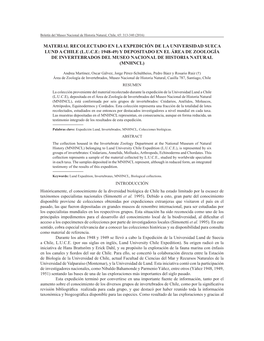 Material Recolectado En La Expedición De La Universidad Sueca Lund a Chile (L.U.C.E: 1948-49) Y Depositado En El Área De Zoolo