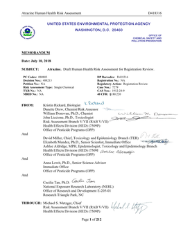 Atrazine Human Health Risk Assessment D418316 Page 1 of 212 UNITED STATES ENVIRONMENTAL PROTECTION AGENCY WASHINGTON, D.C. 2046