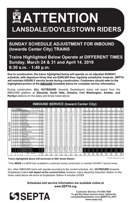 Lansdale/Doylestown Sunday Timetable March
