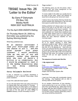 TBS&E Issue No. 26 'Letter to the Editor'