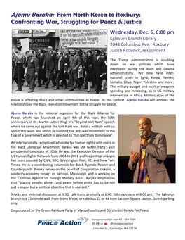 Ajamu Baraka: from North Korea to Roxbury: Confronting War, Struggling for Peace & Justice Wednesday, Dec