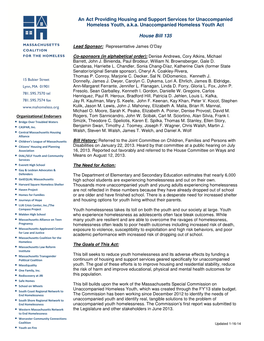 An Act Providing Housing and Support Services for Unaccompanied Homeless Youth, A.K.A. Unaccompanied Homeless Youth Act House Bi