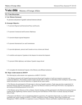 Vote:006 Ministry of Foreign Affairs V1: Vote Overview I