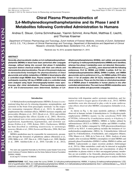 Chiral Plasma Pharmacokinetics of 3,4-Methylenedioxymethamphetamine and Its Phase I and II Metabolites Following Controlled Administration to Humans