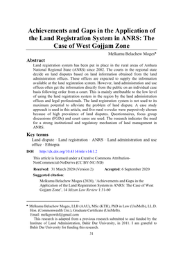 Achievements and Gaps in the Application of the Land Registration System in ANRS: the Case of West Gojjam Zone Melkamu Belachew Moges