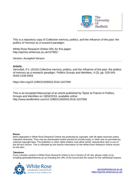 Collective Memory, Politics, and the Influence of the Past: the Politics of Memory As a Research Paradigm