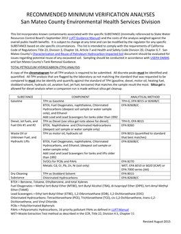 RECOMMENDED MINIMUM VERIFICATION ANALYSES San Mateo County Environmental Health Services Division