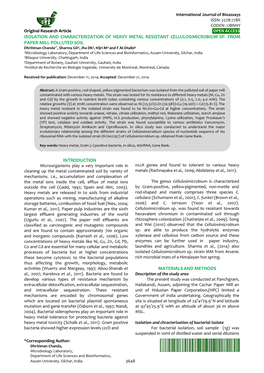 Isolation and Characterization of Heavy Metal Resistant Cellulosimicrobium Sp. from Paper Mill Polluted Soil Introduction Mate