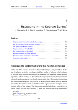 RELIGIONS in the KUSHAN EMPIRE Religious Life in Bactria Before the Kushan Conquest