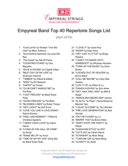 Empyreal Band Top 40 Repertoire List