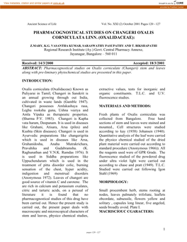 Pharmacognostical Studies on Changeri Oxalis Corniculata Linn