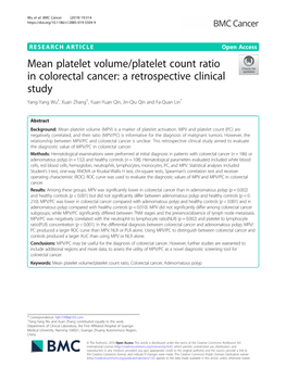 Mean Platelet Volume/Platelet Count Ratio in Colorectal Cancer: a Retrospective Clinical Study Yang-Yang Wu†, Xuan Zhang†, Yuan-Yuan Qin, Jin-Qiu Qin and Fa-Quan Lin*