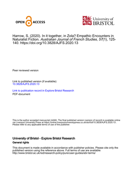 Harrow, S. (2020). in It Together, in Zola? Empathic Encounters in Naturalist Fiction. Australian Journal of French Studies, 57(1), 125- 140