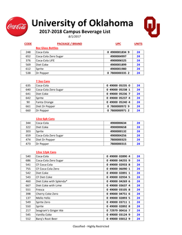 2 Oklahoma University Campus Beverage List 8.1.2017.Xlsx