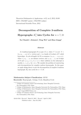 Decomposition of Complete 3-Uniform Hypergraphs K Into Cycles for N = 7