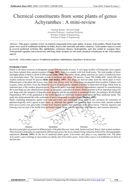 Chemical Constituents from Some Plants of Genus Achyranthes : a Mini-Review