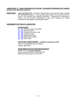 LABORATORY 31 - MALE REPRODUCTIVE SYSTEM - ACCESSORY REPRODUCTIVE GLANDS (Second of Two Laboratory Sessions)