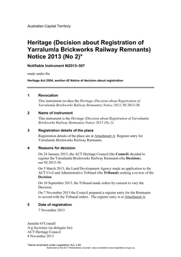Yarralumla Brickworks Railway Remnants) Notice 2013 (No 2)*