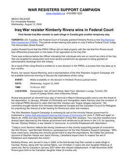 Iraq War Resister Kimberly Rivera Wins in Federal Court First Female Iraq War Resister to Seek Refuge in Canada Gets Another Temporary Stay