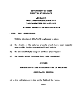 Government of India Ministry of Railways Lok Sabha Unstarred