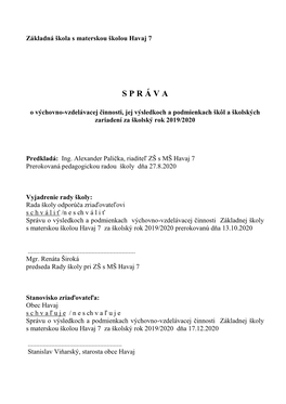 O Výchovno-Vzdelávacej Činnosti, Jej Výsledkoch a Podmienkach Škôl a Školských Zariadení Za Školský Rok 2019/2020