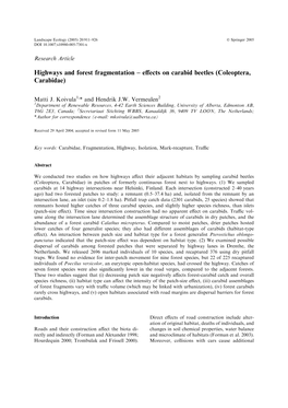 Highways and Forest Fragmentation – Effects on Carabid Beetles (Coleoptera, Carabidae)