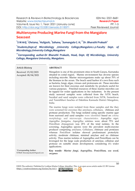 Multienzyme Producing Marine Fungi from the Mangalore Seacoast *S M Arif, *Chetana, *Huligesh, *Sahana, *Sumangala C