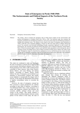 State of Emergency in Perak 1948-1960: the Socioeconomic and Political Impacts of the Northern Perak Society